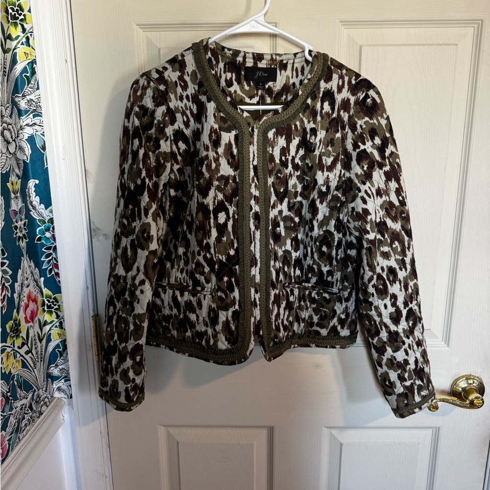 NWT J.Crew quilted lady jacket in autumn cheetah print size small olive green - Picture 4 of 7